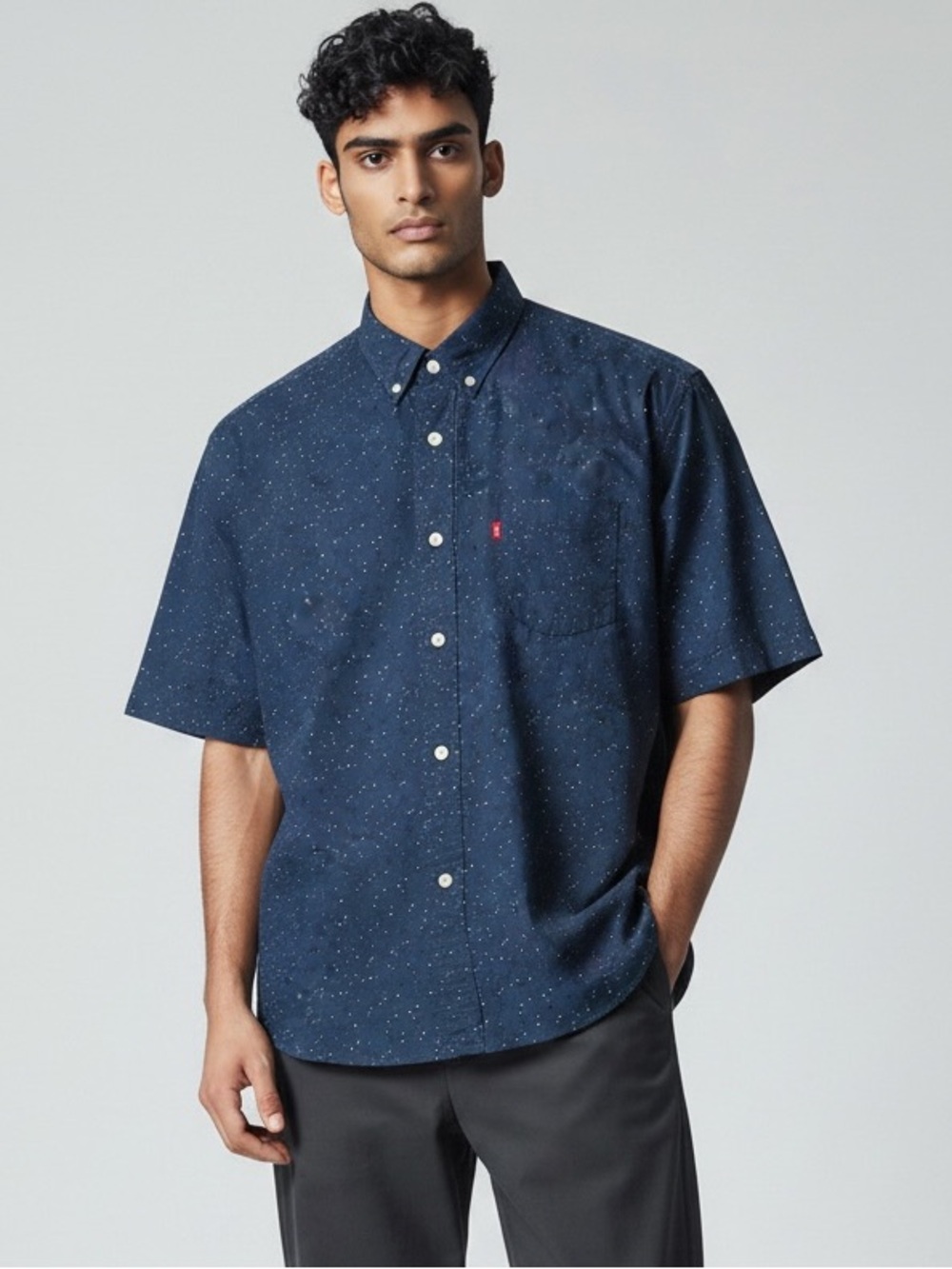 Levi’s Navy Speckle Print Button Down Shirt XL Short Sleeve Logo Pocket Casual